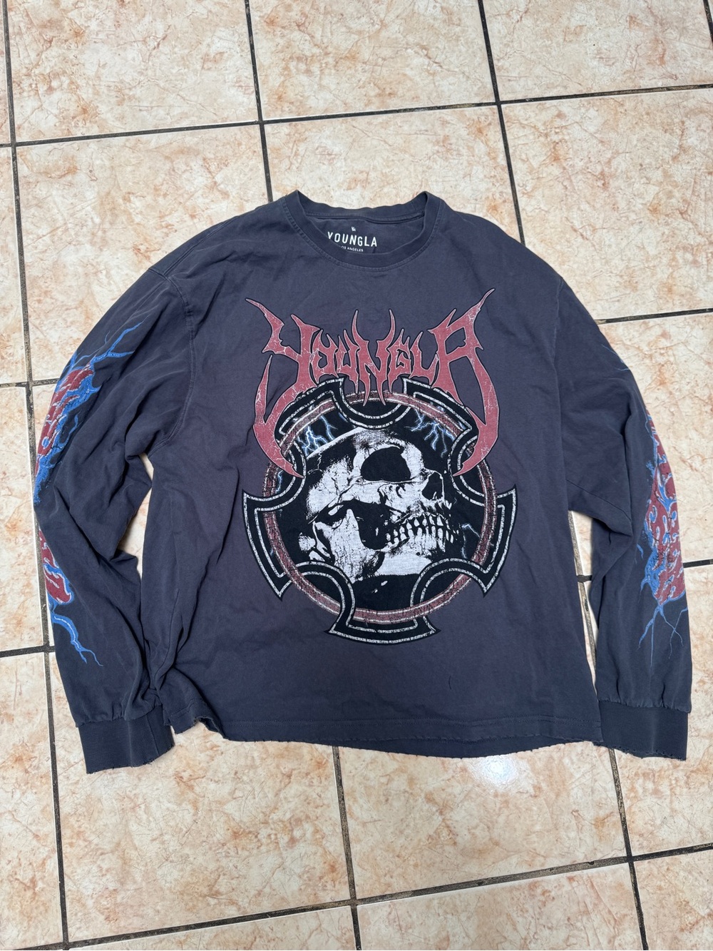 YoungLA Black Long Sleeve Skull Graphic Tee with Red and Blue Accents
